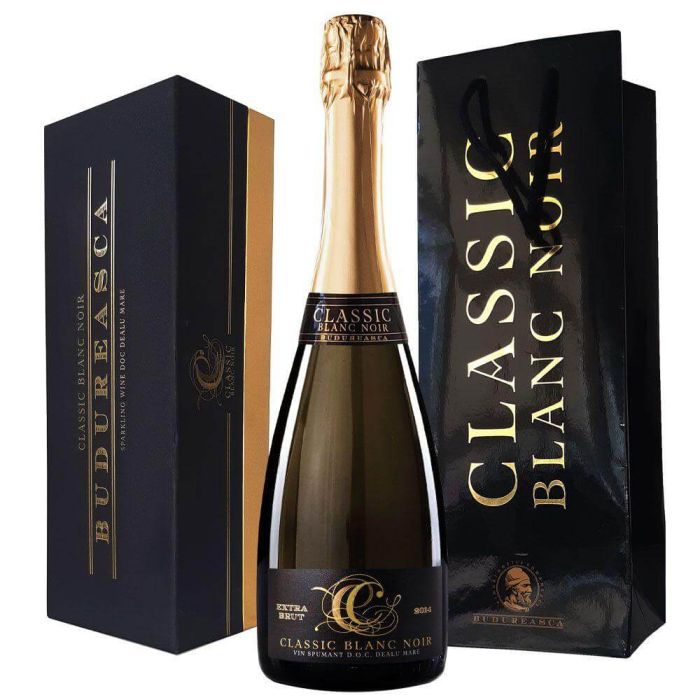 Budureasca Vin Spumant Classic Blanc Noir Extra Brut 2014 0.75L + Gift box  și plasa cadou